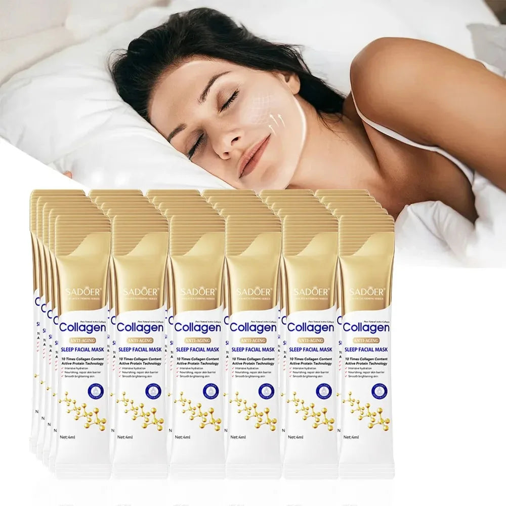Woman lying down with a white pillow, surrounded by rows of Collagen sleep facial mask packages.