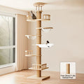 A tall wooden cat tree with multiple levels, a wrapped vertical post, and two cats resting on different platforms in a bright room. An inset shows the vertical post detail.