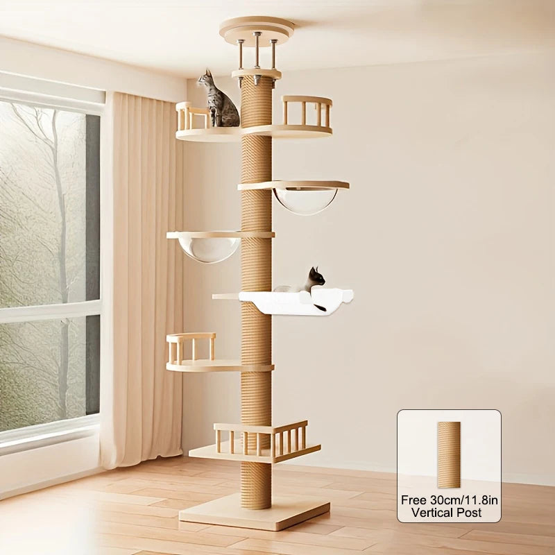 A tall wooden cat tree with multiple levels, a wrapped vertical post, and two cats resting on different platforms in a bright room. An inset shows the vertical post detail.