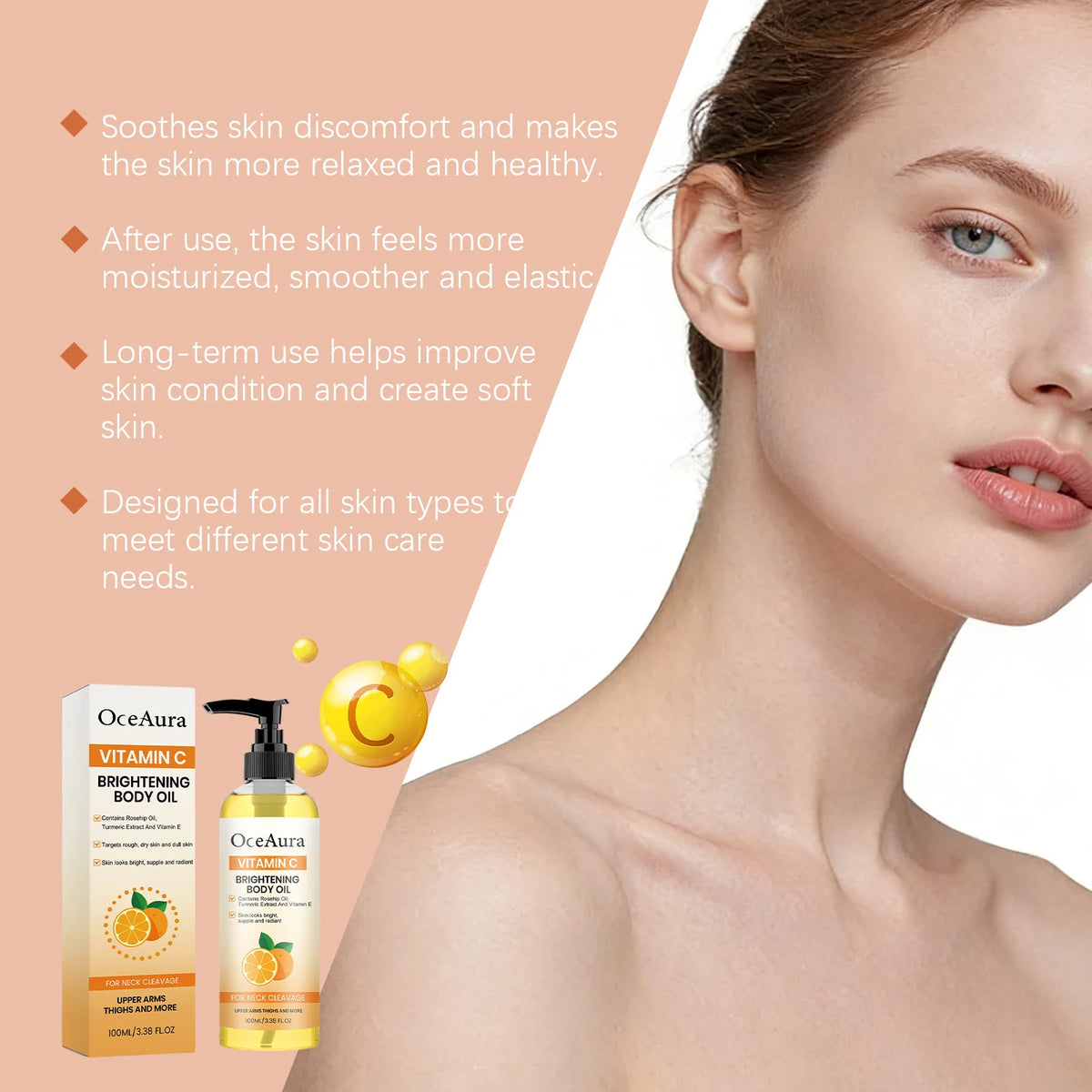 OceAura Vitamin C body oil with a model and product packaging on a beige background