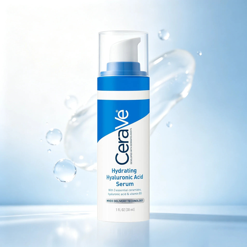 CeraVe Hydrating Hyaluronic Acid Serum in a white and blue pump bottle, set against a light blue background with water droplets and a splash graphic.