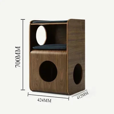 Wooden pet bed with dimensions labeled on a white background