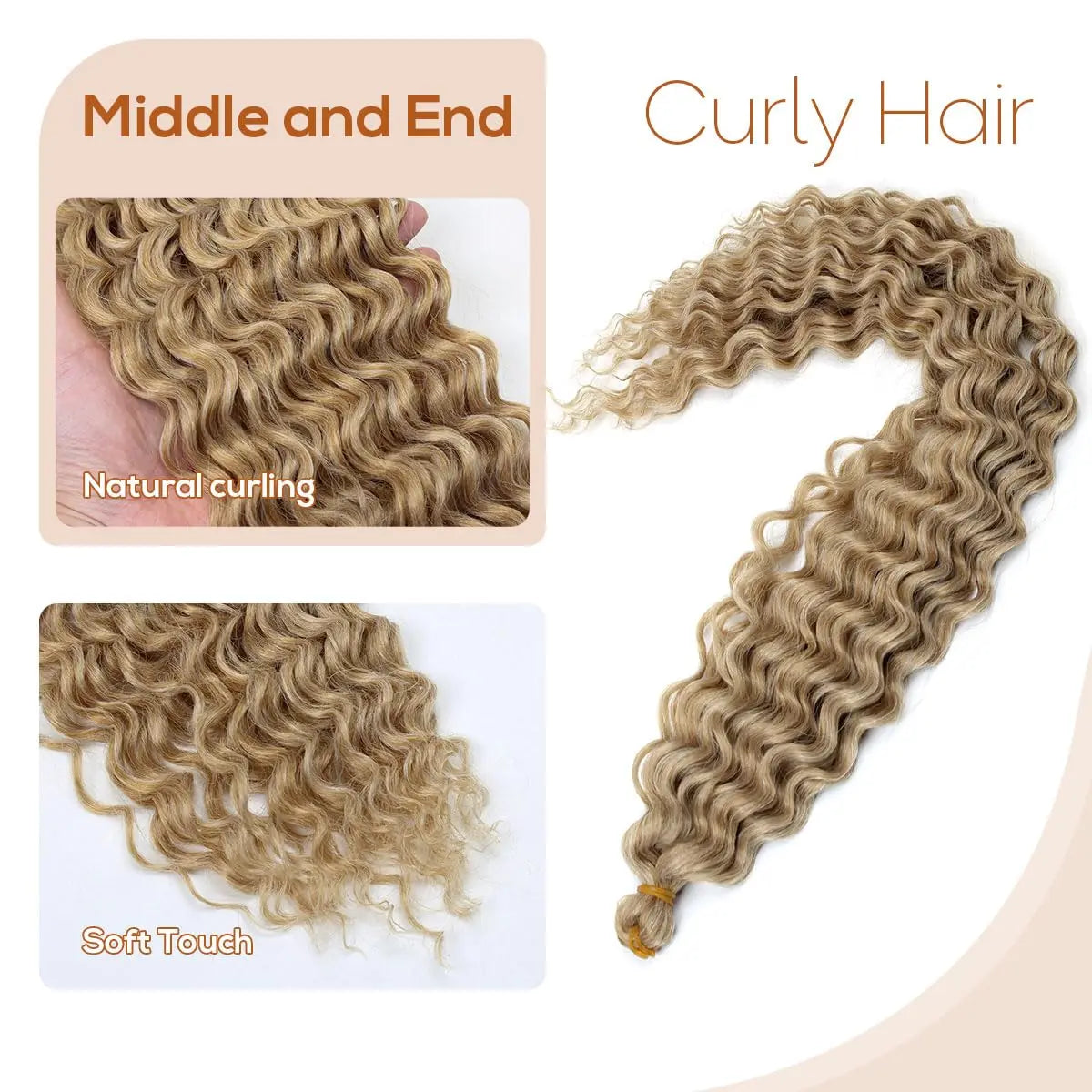 Blonde curly hair extensions with natural curling and soft touch on a beige background.