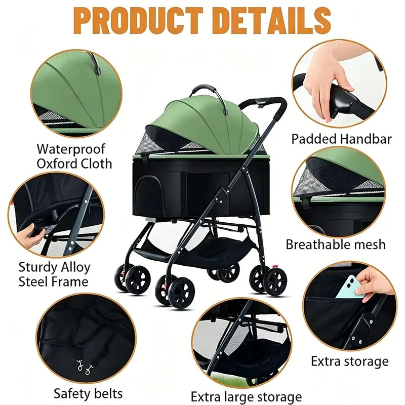 Green and black stroller with feature highlights on a white background