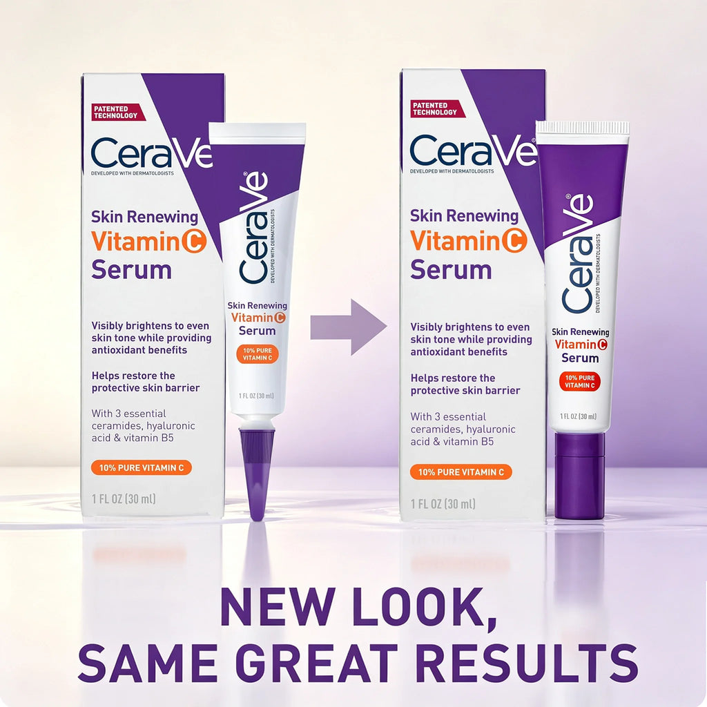 CeraVe Skin Renewing Vitamin C Serum shown in its new packaging with two boxes, two tubes, and a purple arrow pointing to the updated design. Large purple text at the bottom reads 'NEW LOOK, SAME GREAT RESULTS'.