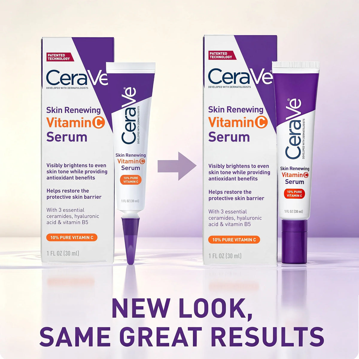 CeraVe Skin Renewing Vitamin C Serum shown in its new packaging with two boxes, two tubes, and a purple arrow pointing to the updated design. Large purple text at the bottom reads 'NEW LOOK, SAME GREAT RESULTS'.