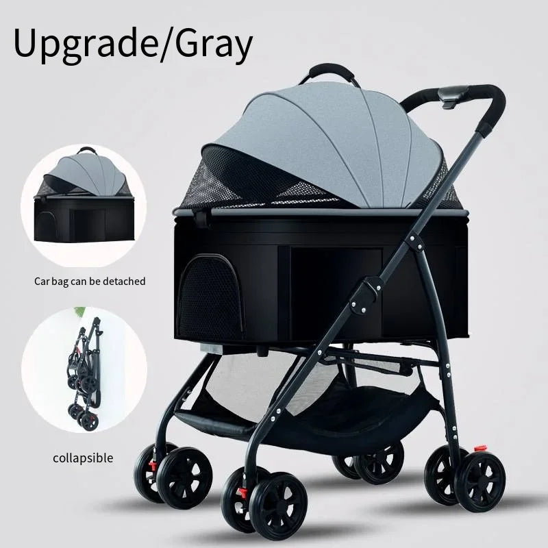 Black and gray stroller with detachable car bag on a light gray background