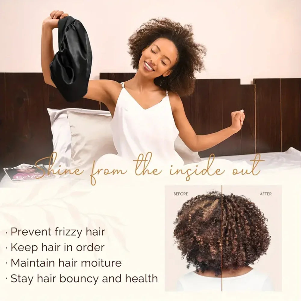Woman in bed with text about hair care benefits and a split image of before and after hair condition.