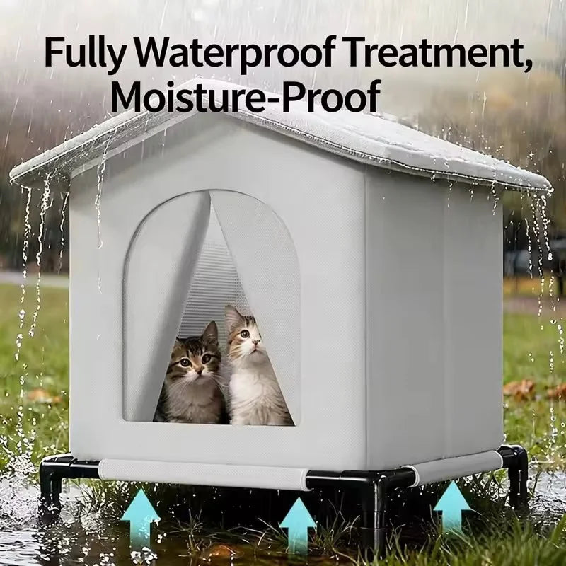 Two cats inside a fully waterproof pet house with water splashing around it.