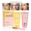 Lakerain Glow Overnight Wrapping Mask Duo set featuring a peach-colored box, a yellow turmeric mask tube, a pink collagen mask tube, and a pink-and-gold spatula applicator, with a three-step before-and-after mask application diagram shown above.