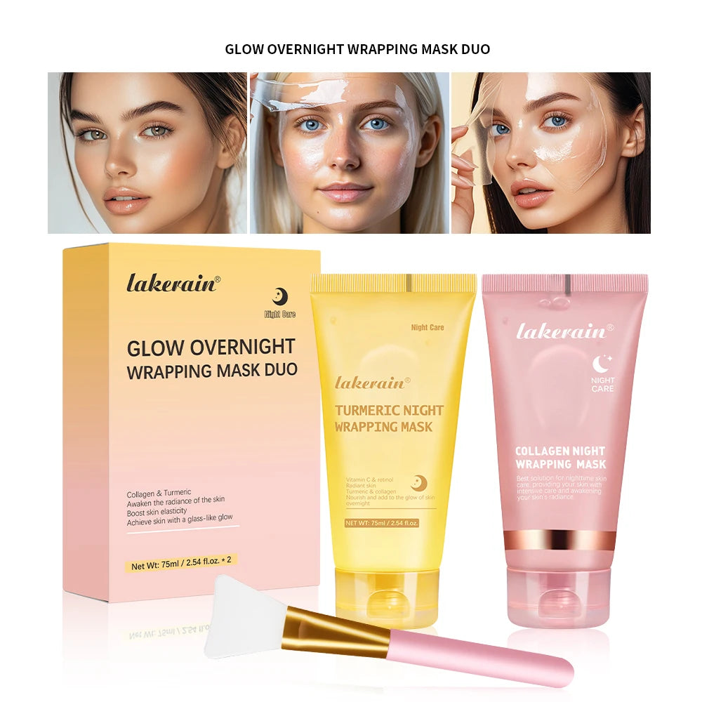 Lakerain Glow Overnight Wrapping Mask Duo set featuring a peach-colored box, a yellow turmeric mask tube, a pink collagen mask tube, and a pink-and-gold spatula applicator, with a three-step before-and-after mask application diagram shown above.