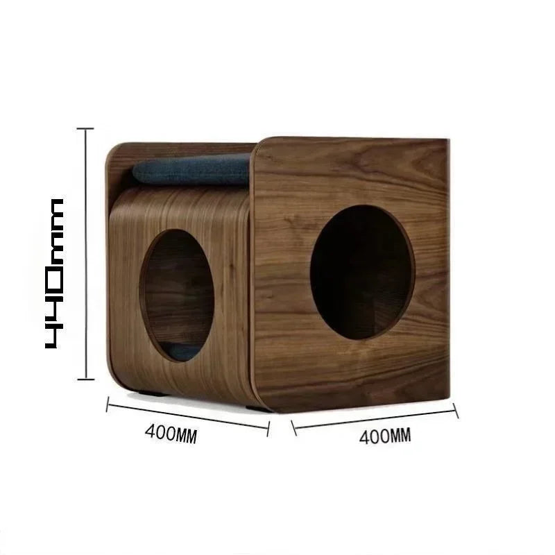 Wooden pet bed with dimensions indicated on a white background