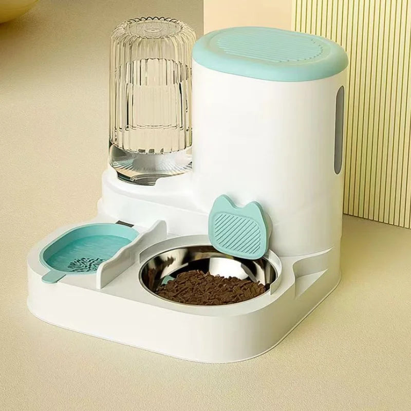 Pet feeding and water station with bowls and a water dispenser on a beige surface.