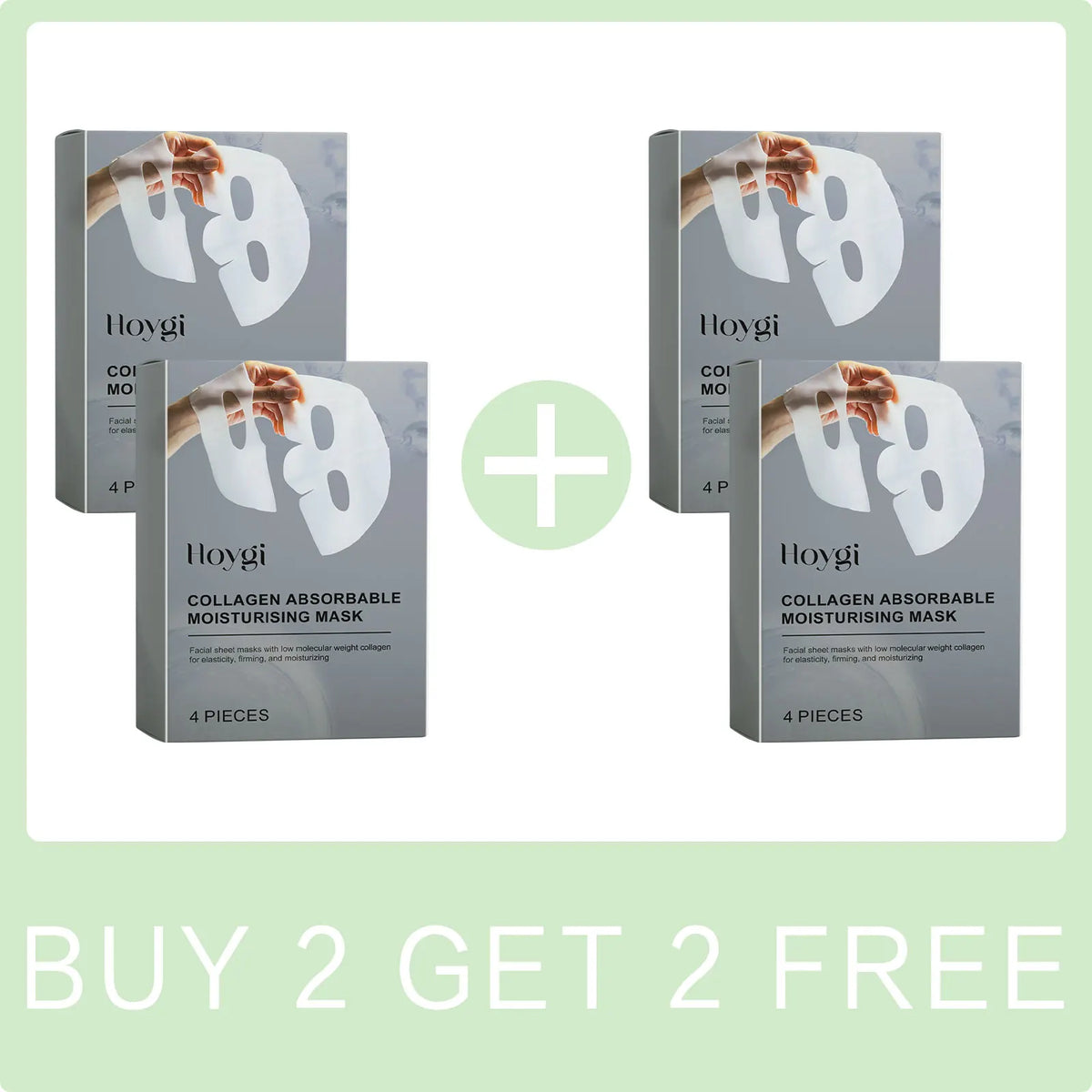 Hoygi collagen absorbable moisturizing mask packaging with a buy 2 get 2 free offer on a light green background.