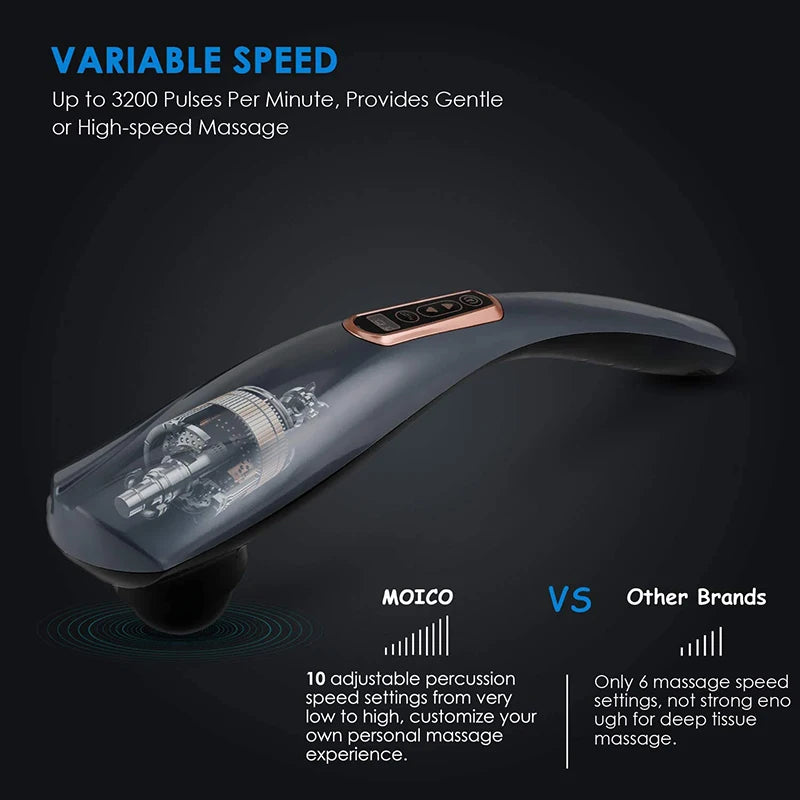 Massage device with text highlighting variable speed and features compared to other brands on a dark background.