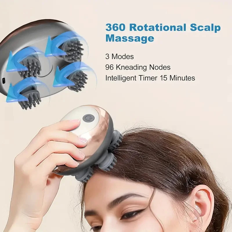 Scalp massager with 360 rotational massage and user applying it to their head.