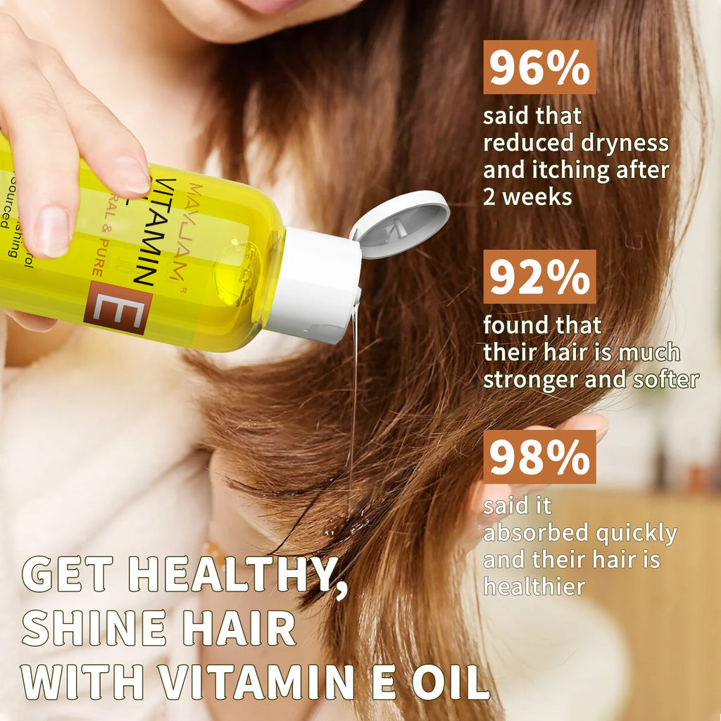 Person applying vitamin E oil to hair with statistics on its benefits.