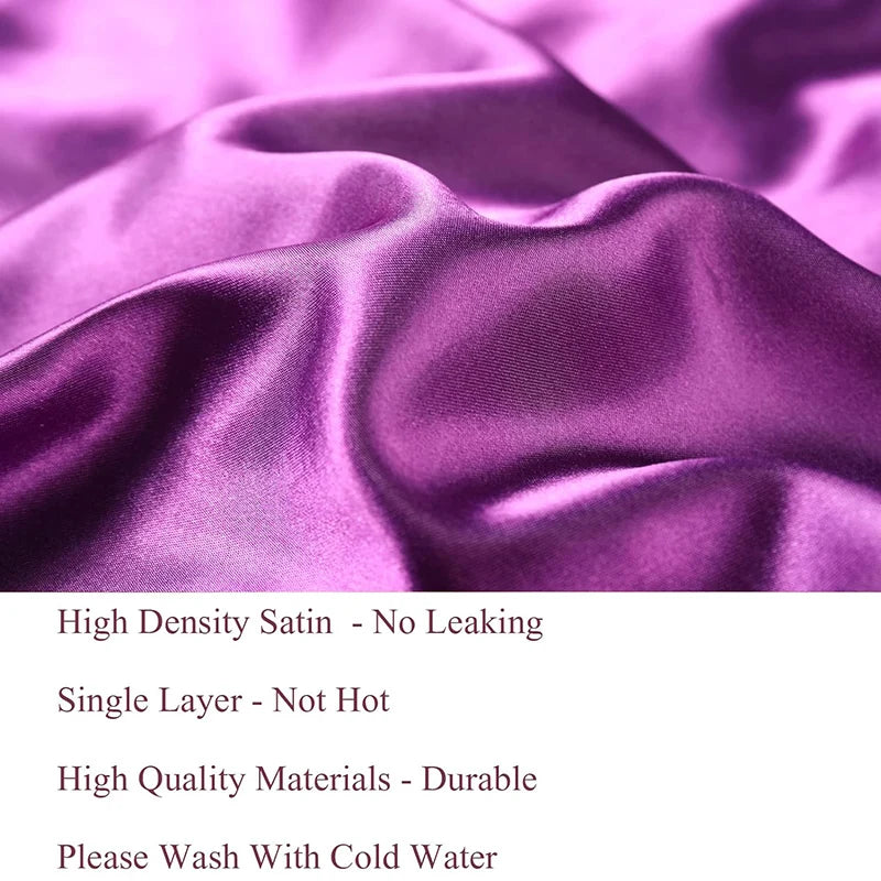 Close-up of purple satin fabric with text about fabric properties.