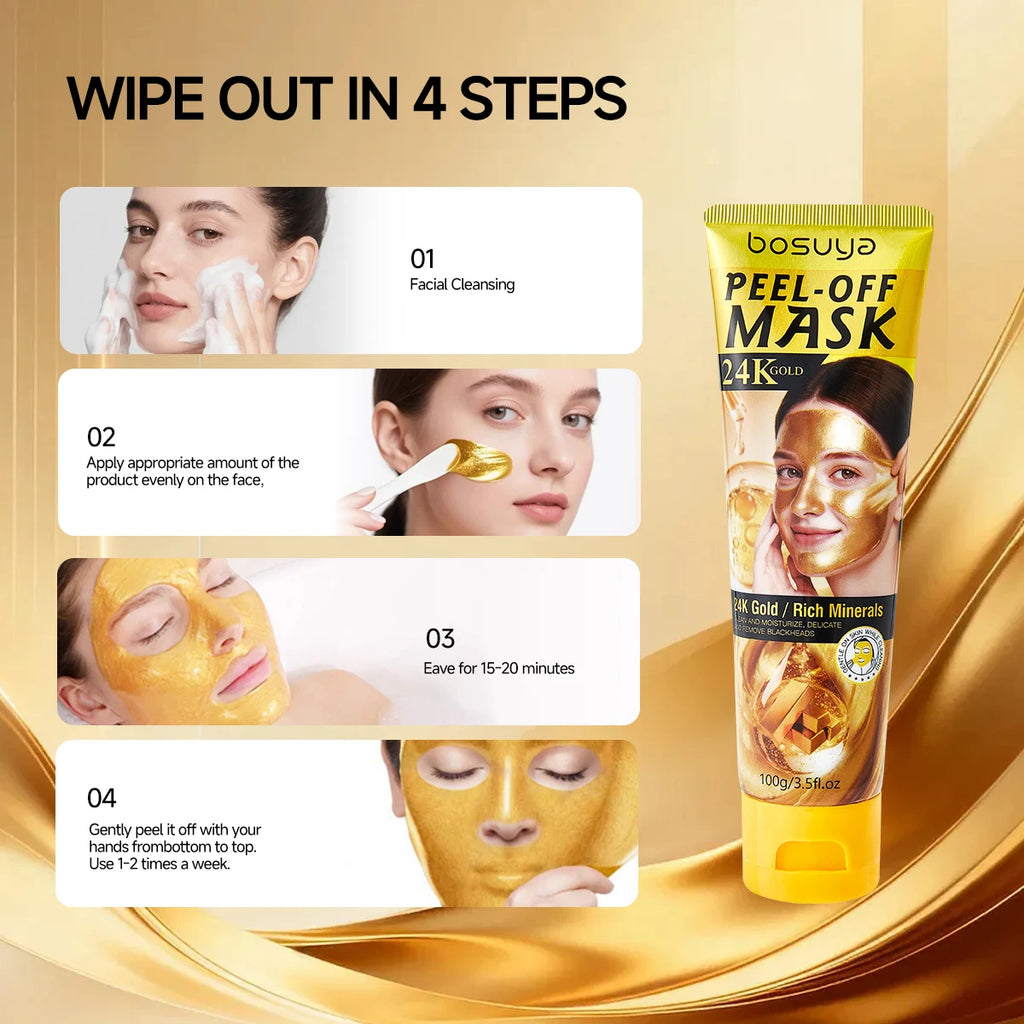 A beauty product advertisement for bosuya Peel-Off Mask 24K Gold. The left side features a four-step guide with photos of a woman's face showing skincare application, while the right side shows a yellow squeeze tube of the mask against a gold background.
