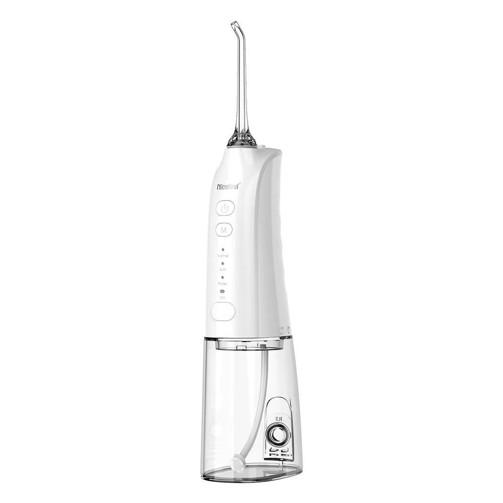 A white and clear electric oral irrigator water flosser with a flexible nozzle, shown on a solid white background.