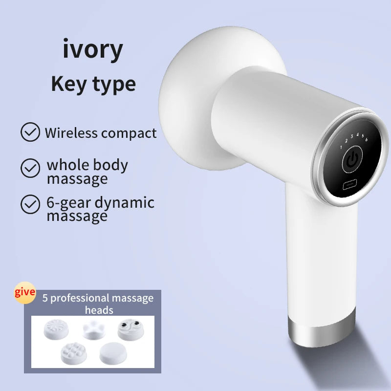 White wireless handheld massage gun with a round head and digital control screen, shown on a light blue background with text highlighting features such as wireless compact design, whole body massage, 6-gear dynamic massage, and inclusion of 5 professional massage heads.