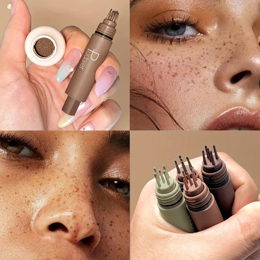 Makeup product with close-ups of skin and eyes, featuring a brand name.