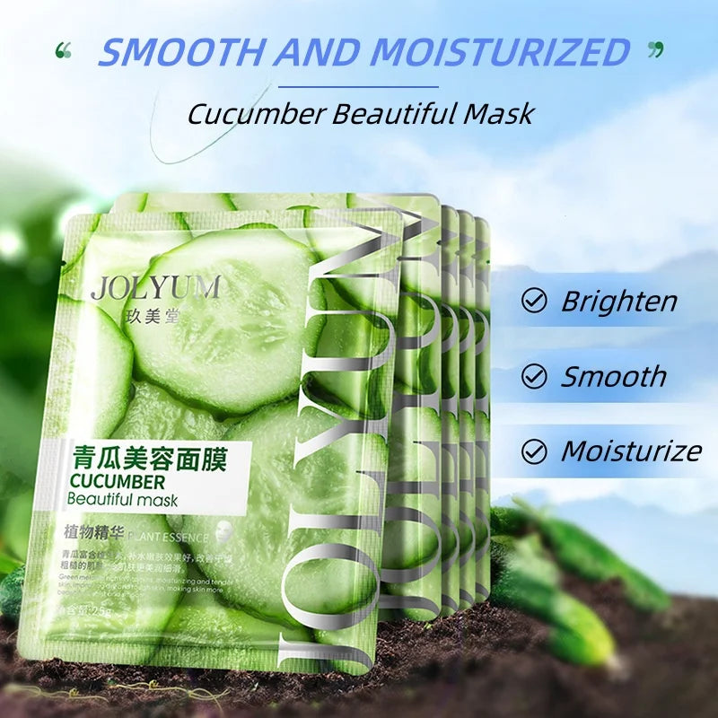 JOLYUM cucumber facial mask packaging with product details and benefits on a natural background