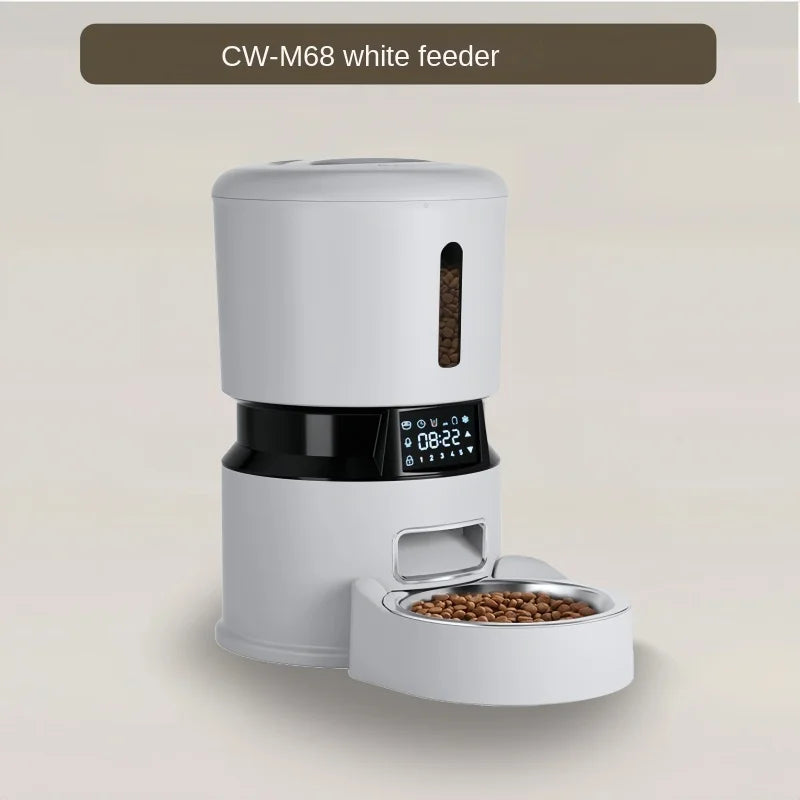 White pet feeder with digital display on a beige background