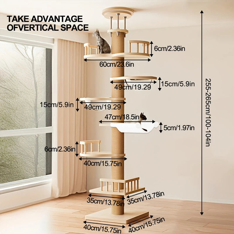 A tall cat tree in a beige room with measurement labels showing height and width at each level, plus text reading 'TAKE ADVANTAGE OF TIGHTER SPACE' and a vertical dimension of 255-265cm/100-104in.