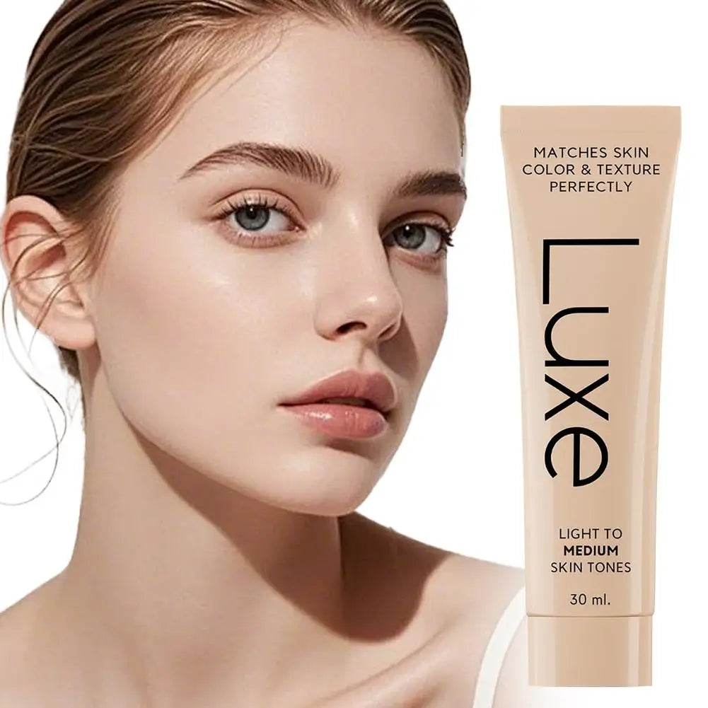 Woman's face with a tube of Luxe makeup product on a white background