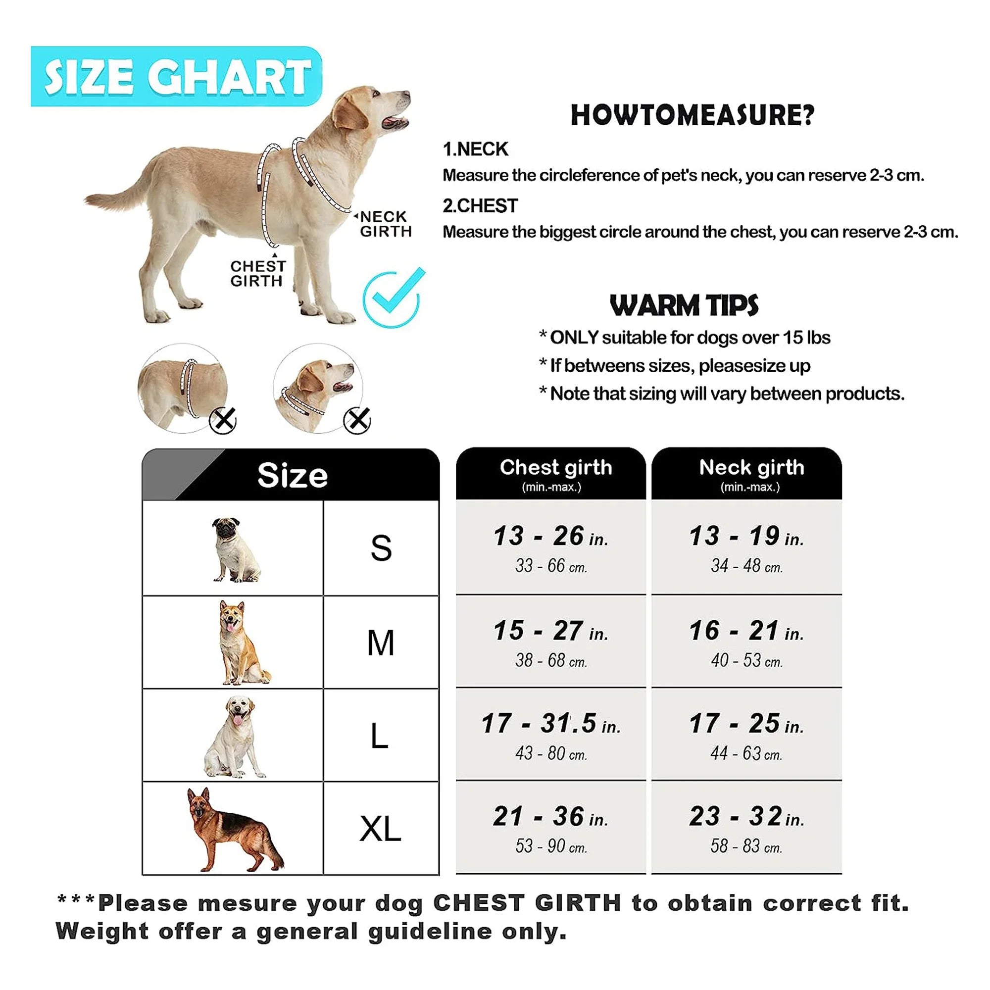 Dog size chart with measurements for neck and chest girth, accompanied by images of dogs of different sizes.