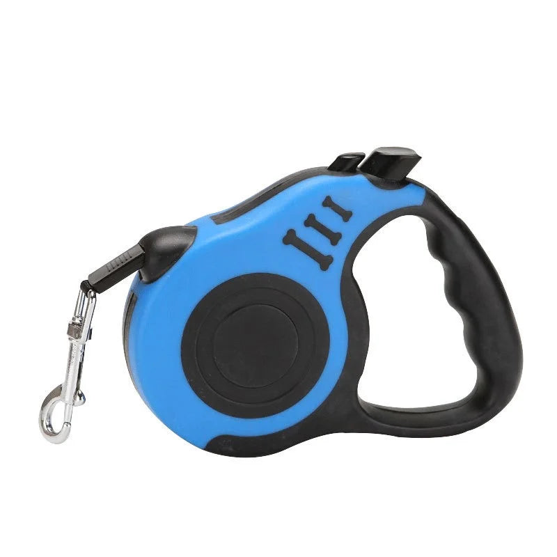 Blue and black retractable dog leash on a white background