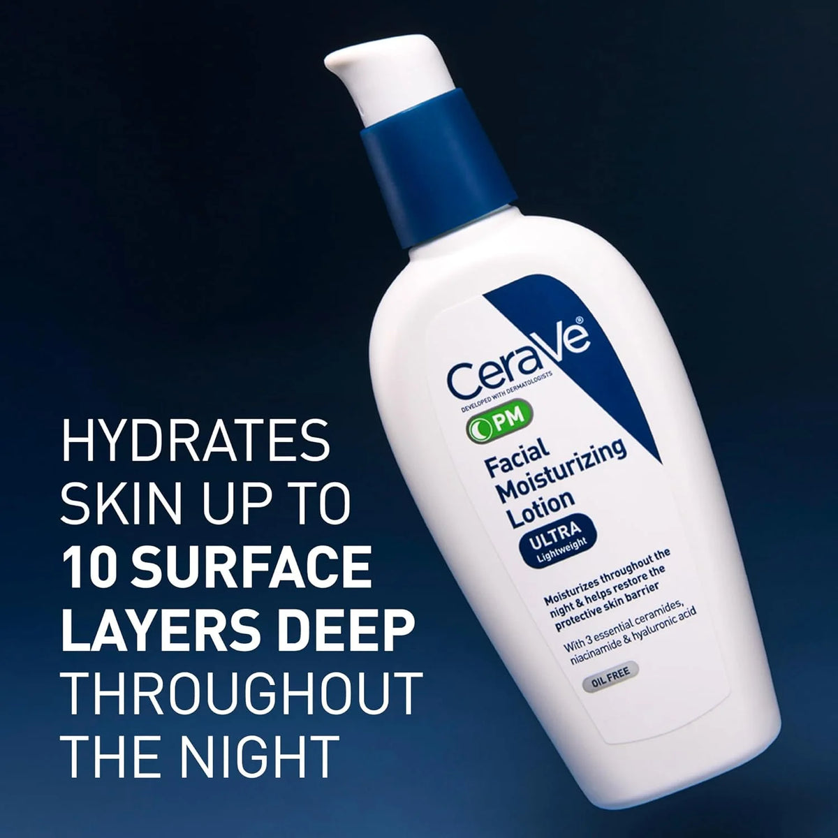 CeraVe facial moisturizing lotion bottle with text on a dark blue background