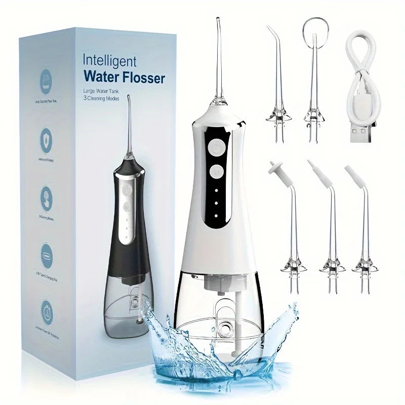 Intelligent water flosser with packaging, nozzles, and USB cable on a white background