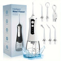 Intelligent water flosser with packaging, nozzles, and USB cable on a white background