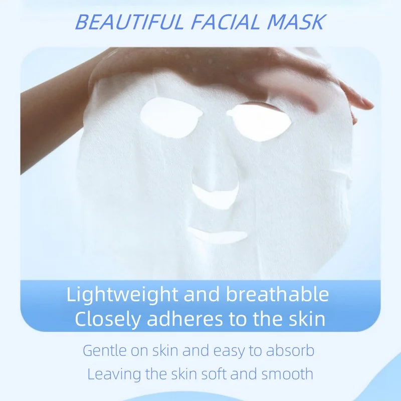 White facial mask being held with text describing its features on a light blue background