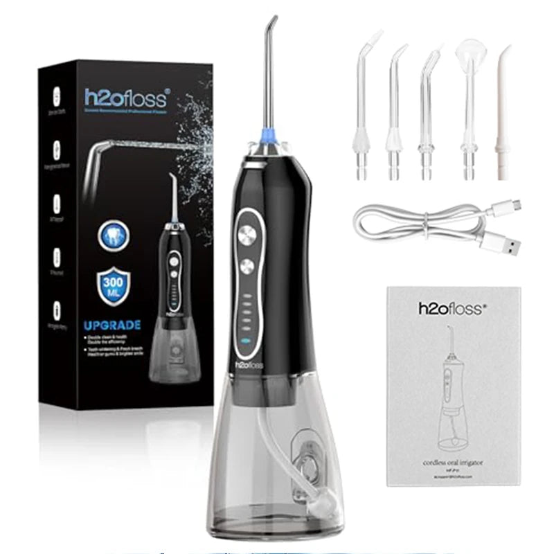 h2ofloss dental water flosser with packaging and attachments on a white background