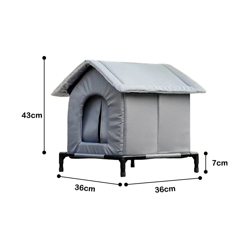 Gray pet house with dimensions indicated on a white background