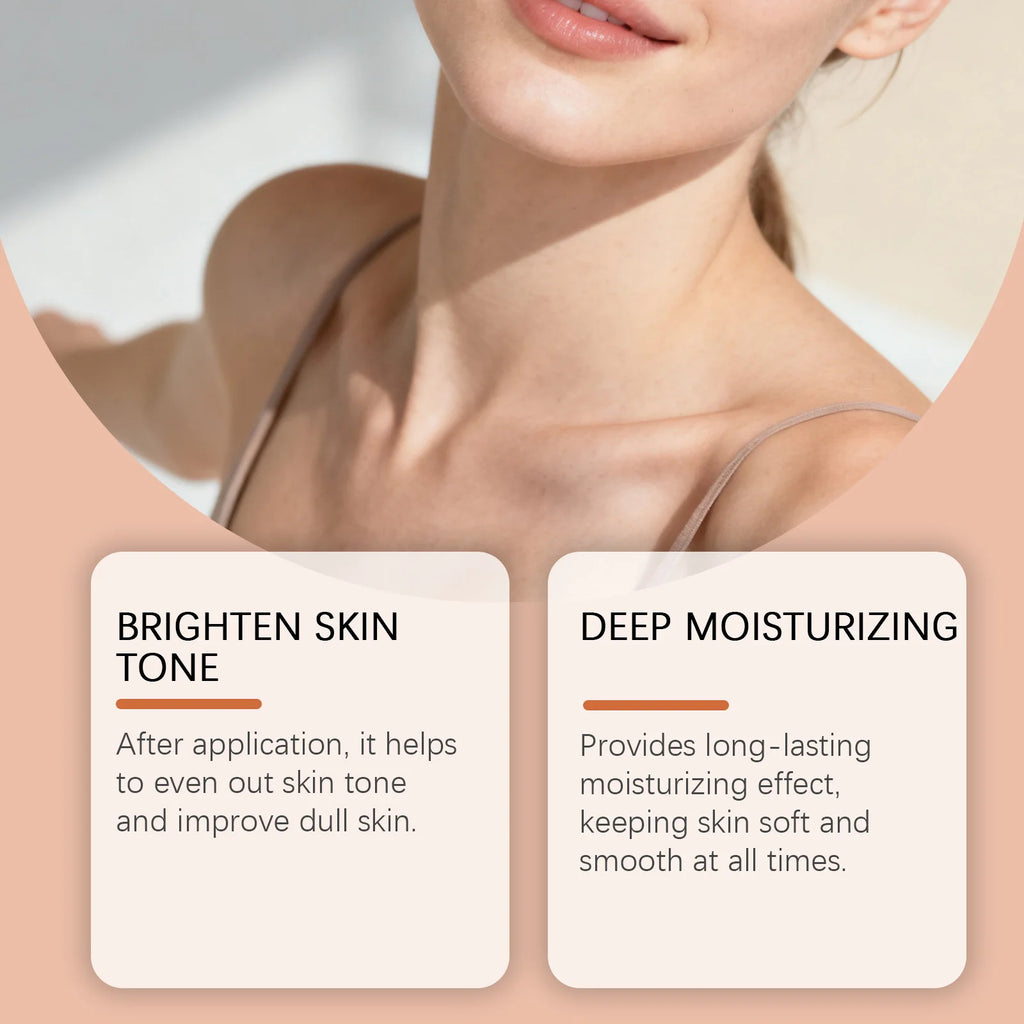 Woman's neck with text highlighting skin care benefits on a plain background