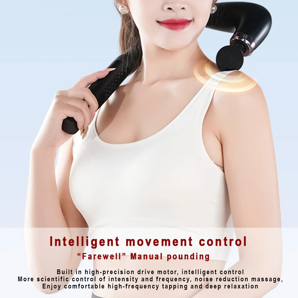 Woman using a massage device on her shoulder with a light blue background