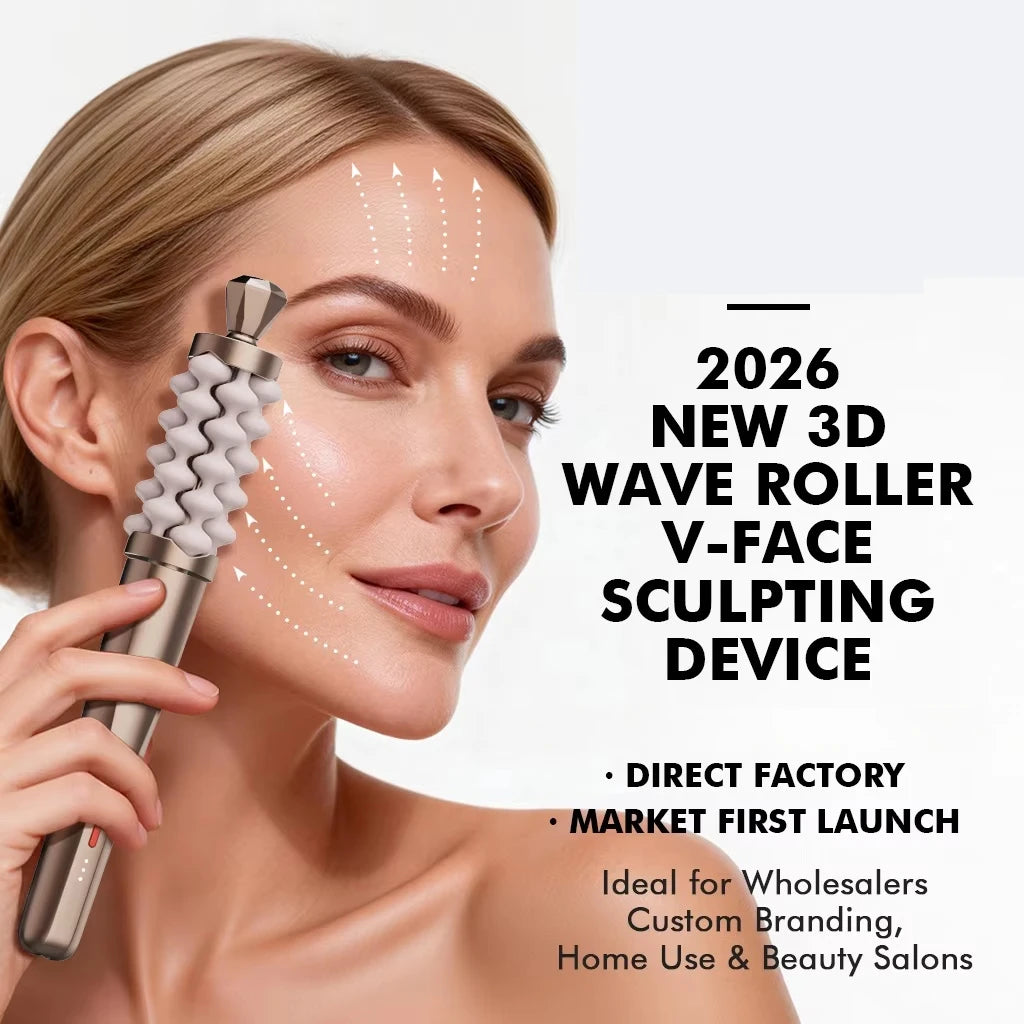 A woman holding a metallic silver and white 3D wave roller facial device against her cheek, with dotted arrow graphics showing facial contouring. Text on the right reads '2026 NEW 3 WAVE ROLLER V-FACE SCULPTING DEVICE' with additional promotional copy.
