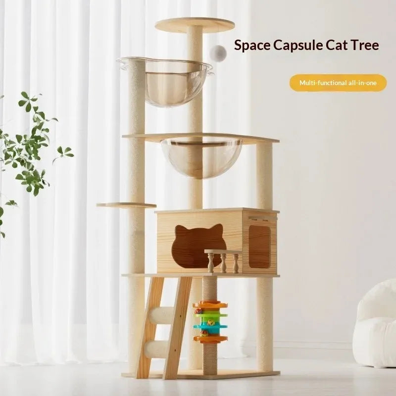 Wooden cat tree with multiple levels and a small house, labeled 'Space Capsule Cat Tree', on a white background.