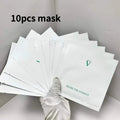 Packaging of 10 face masks with a gloved hand holding one, on a neutral background.