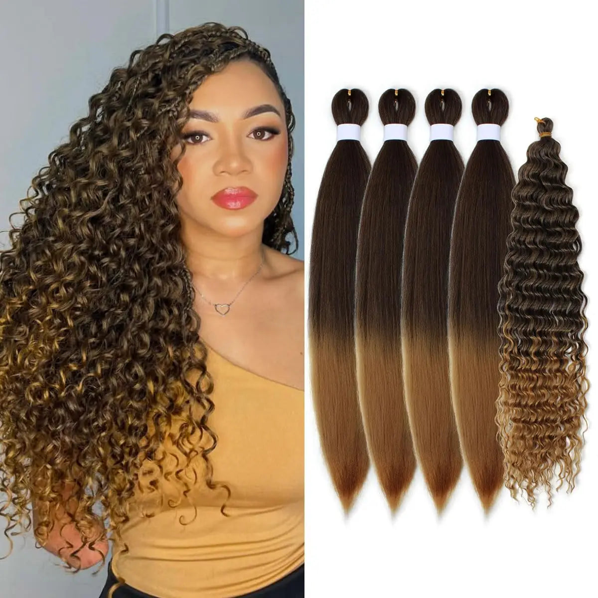 Woman with styled hair and hair extensions on a white background