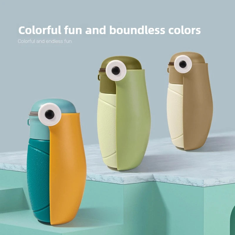 Three colorful bottles with googly eyes on a light blue background