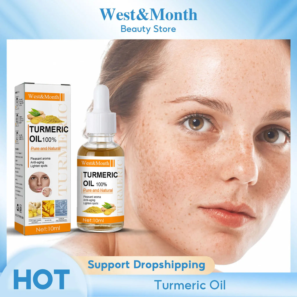 West&Month Turmeric Oil packaging with a woman's face in the background