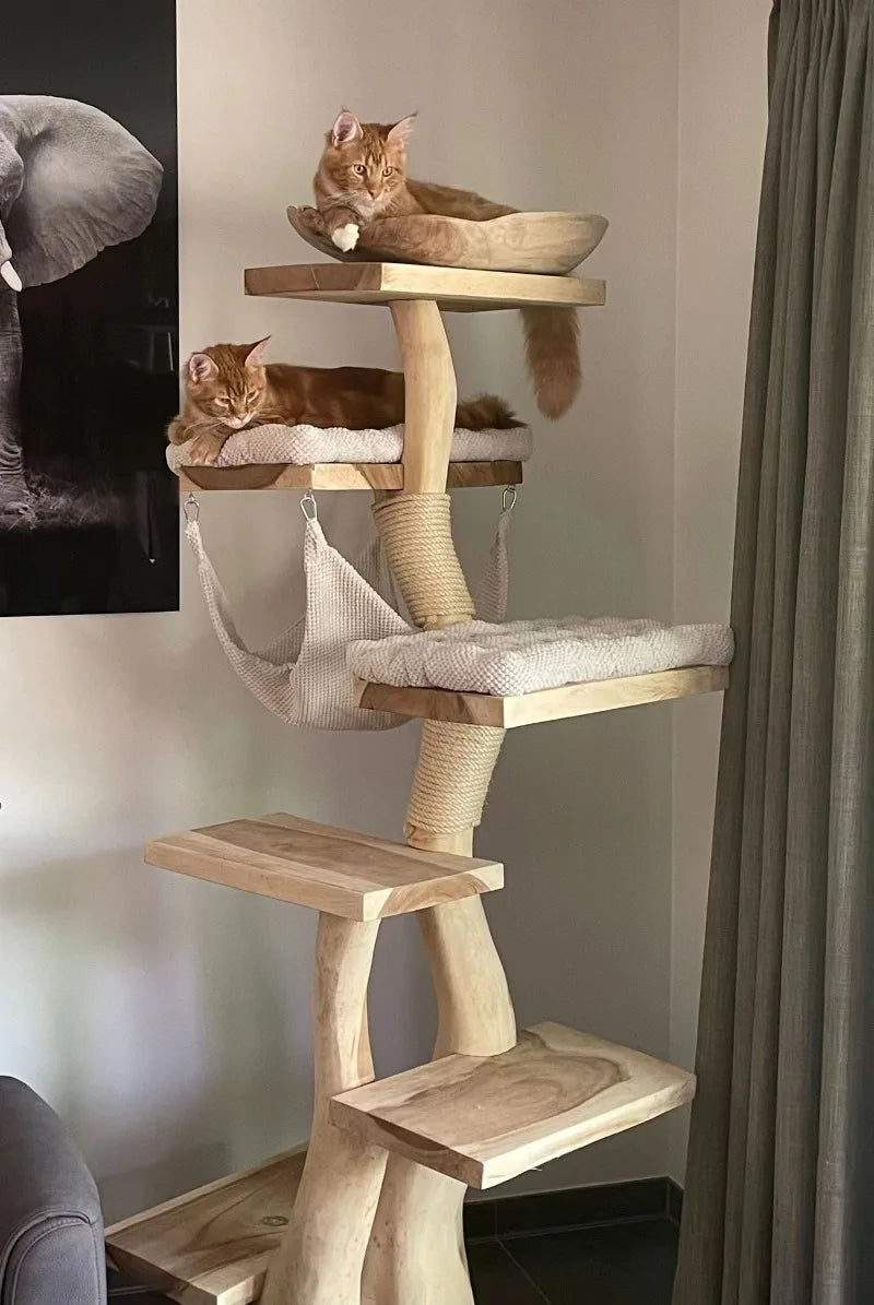 A tall wooden cat tree with multiple levels, sisal-wrapped scratching posts, cushioned platforms, and a hanging fabric hammock, shown in a room with two orange cats resting on it.