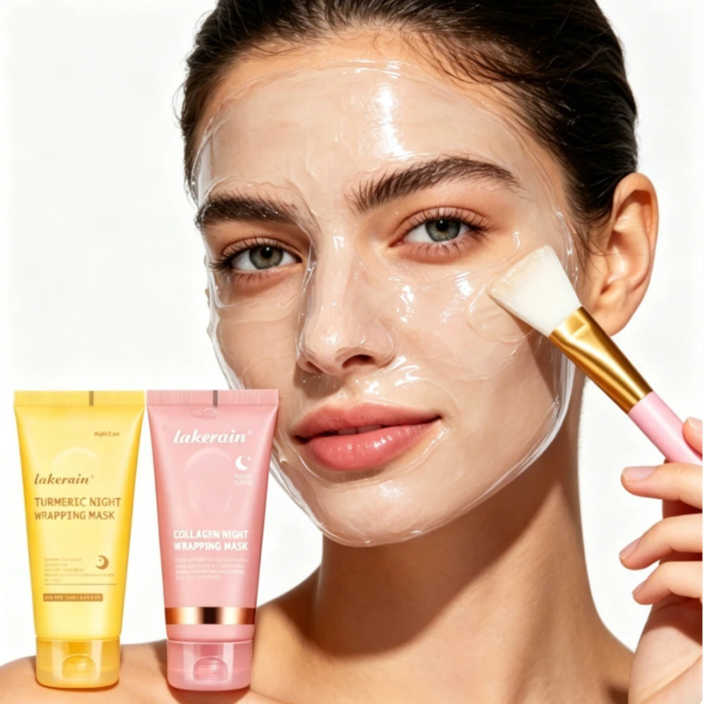 Woman applying a facial mask with Lakerain skincare products displayed.