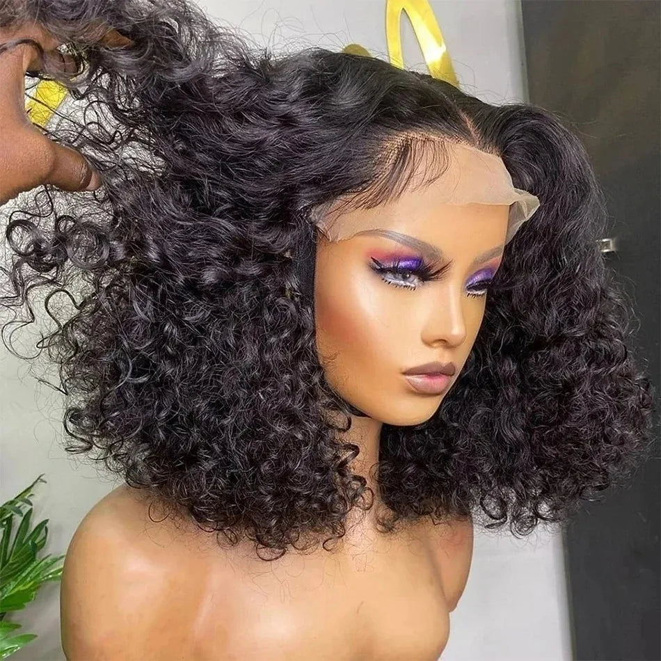 A dark brown to black curly wig displayed on a mannequin head, with a hand lifting a section of hair on the left. The wig features tight, glossy curls and a clear lace front.
