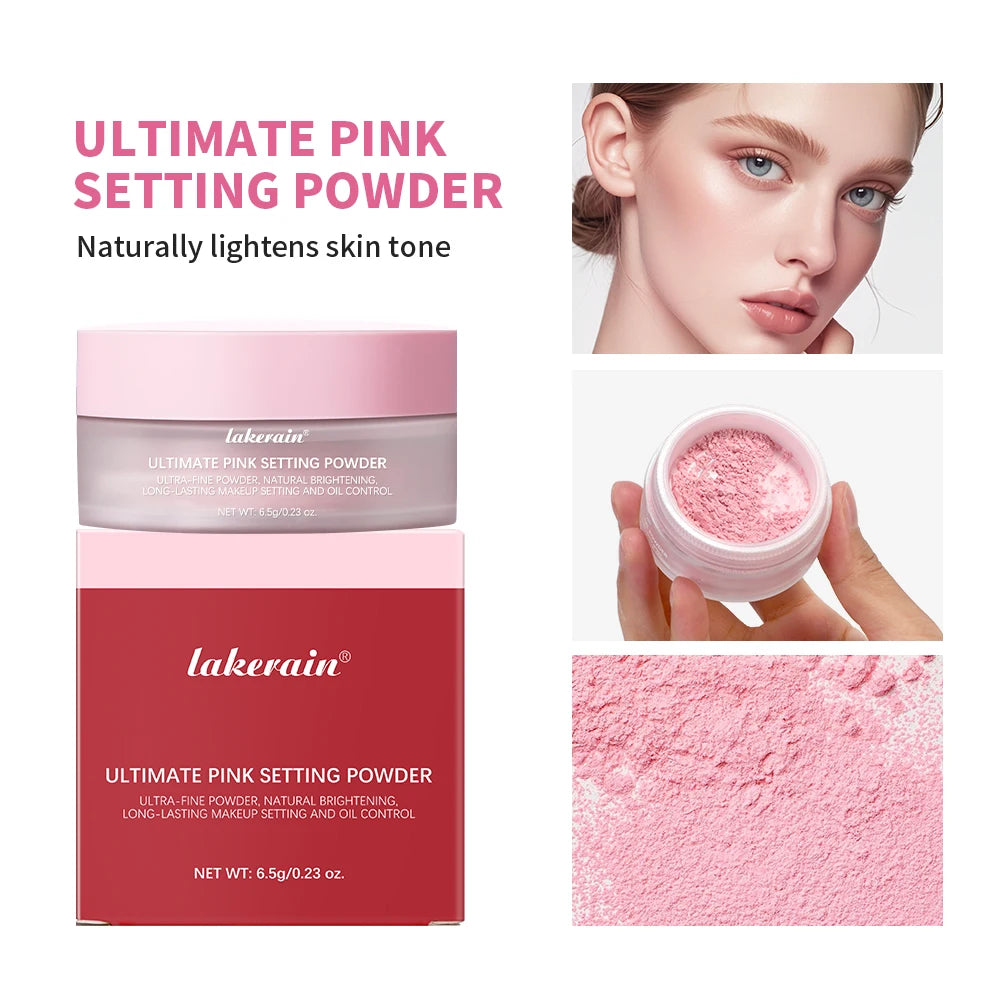 Lakerain Ultimate Pink Setting Powder packaging with product application on skin and close-up of powder.
